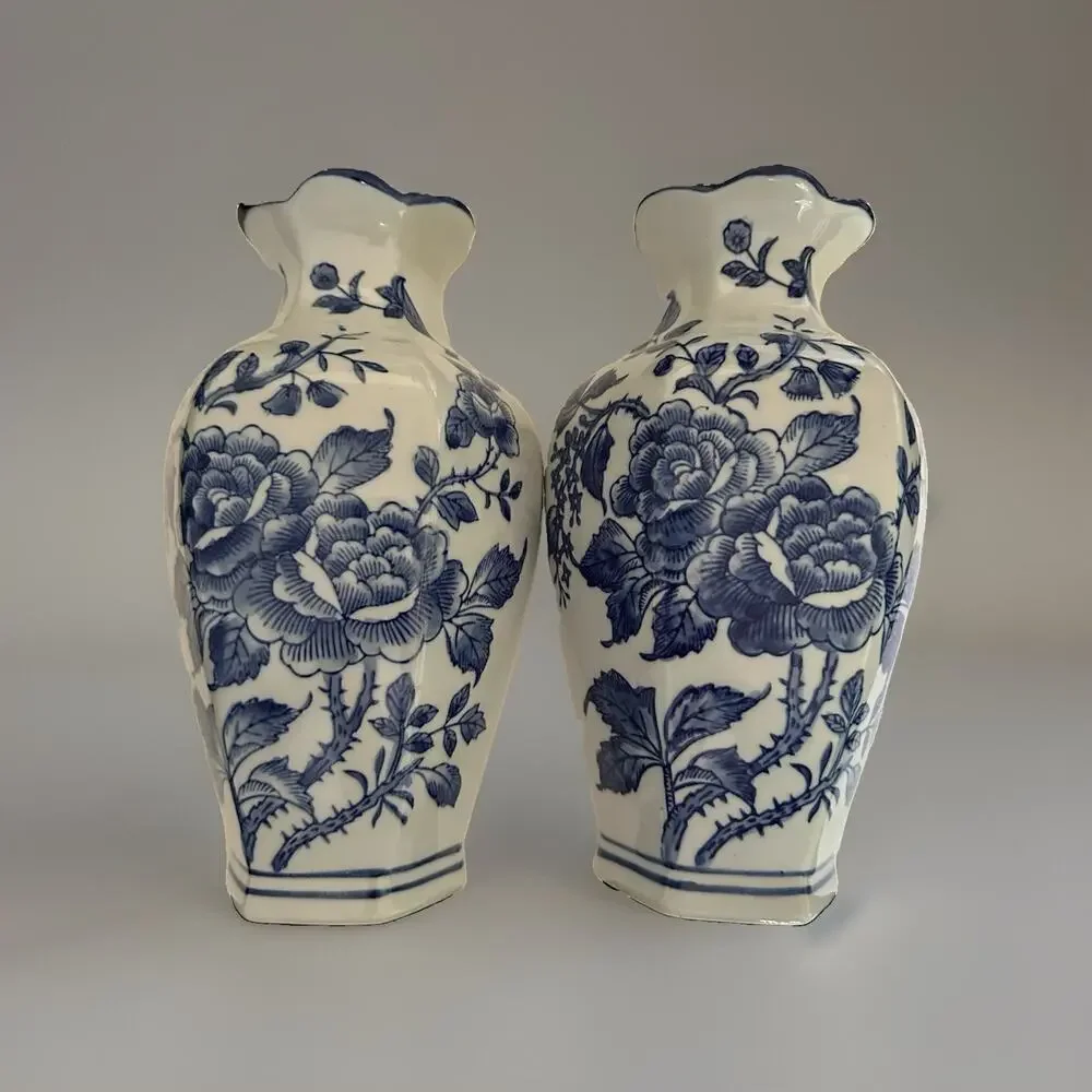 2 New Chinese Blue & White Rosé Transfer Wear Chinoiserie Pocket Wall Vase 10” T